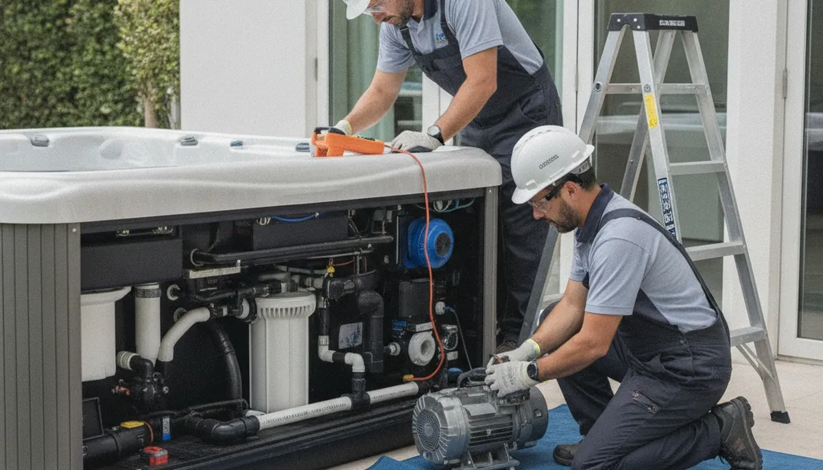 Spa repair technician servicing plumbing connections in Easton, PA home