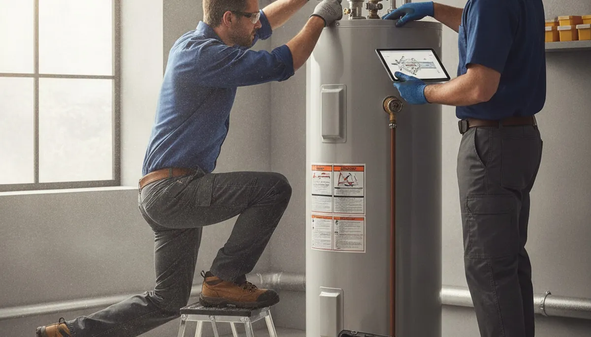 Water heater repair technician servicing an Easton, PA home on call for plumbing repairs